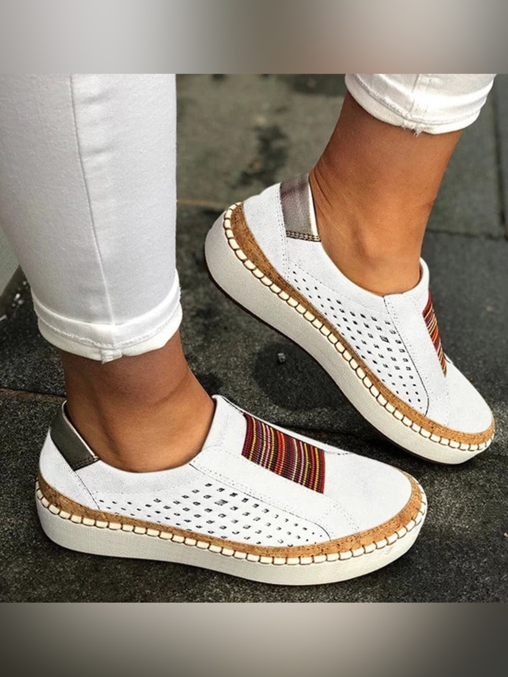 Women’s White Slip-On Sneakers with Cork Trim